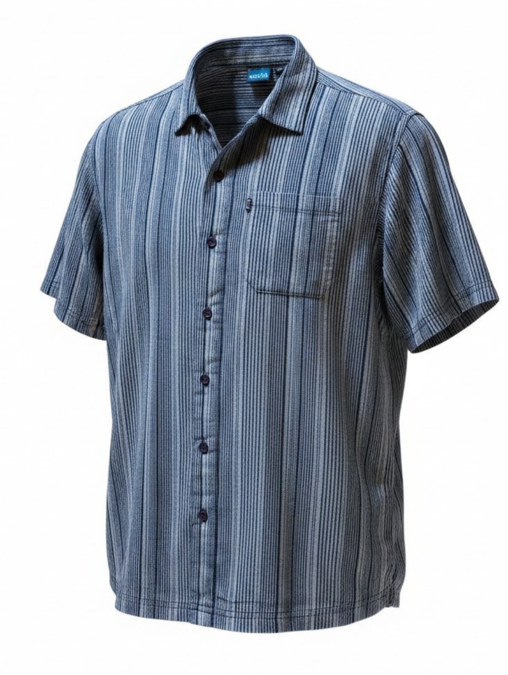KAVU Men's Short Sleeve Cotton Button Down Shirt Navy And Grey Stripe Size Large
